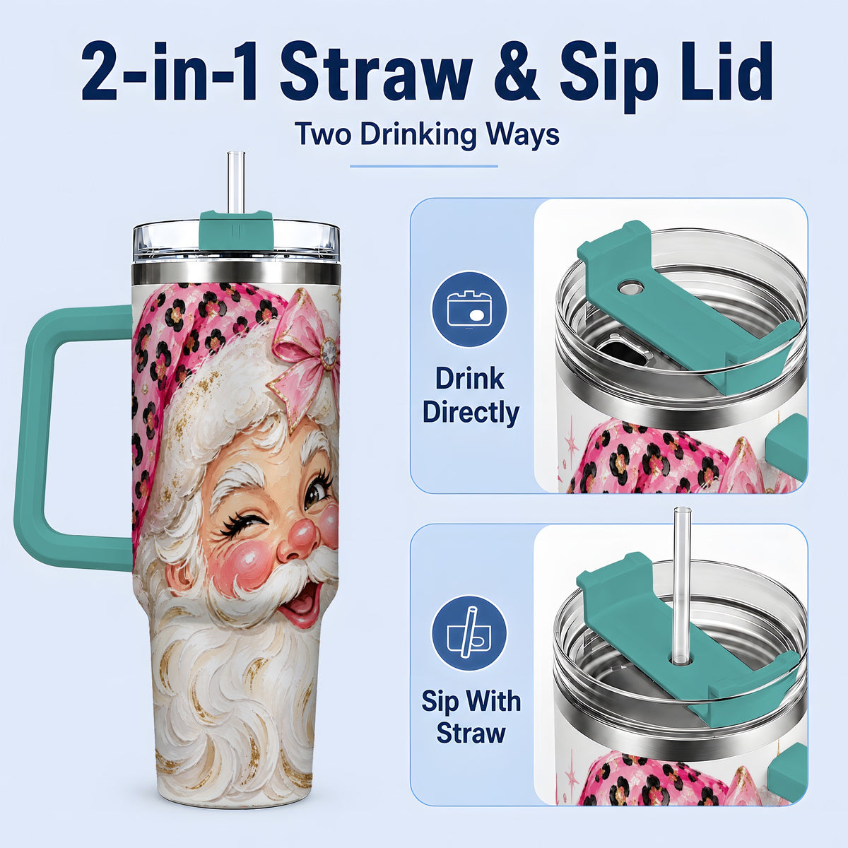 #pl[40oz|Green] Pink Santa 40oz Tumbler, Leopard Hat Christmas Holiday Drinkware Art