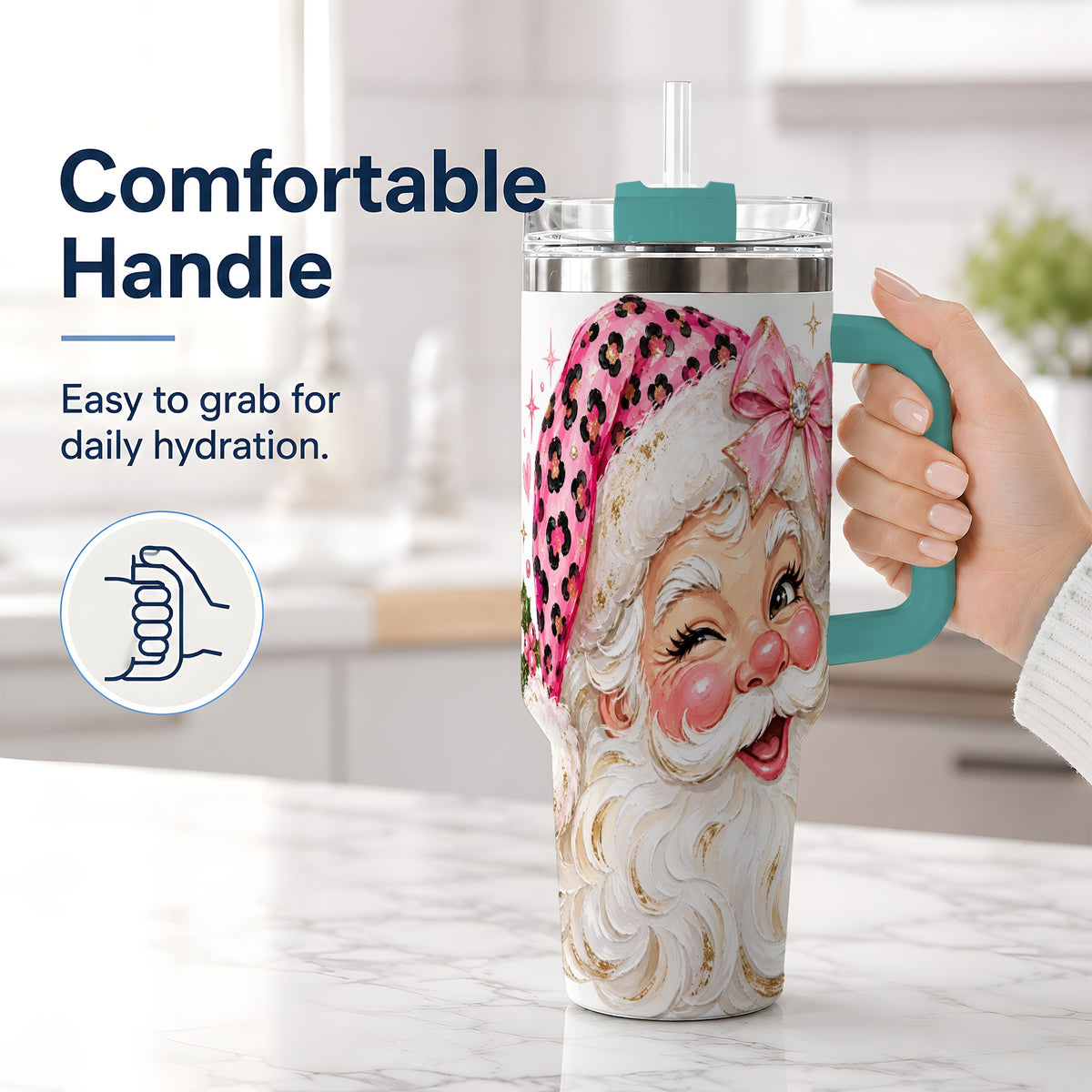 #pl[40oz|Green] Pink Santa 40oz Tumbler, Leopard Hat Christmas Holiday Drinkware Art