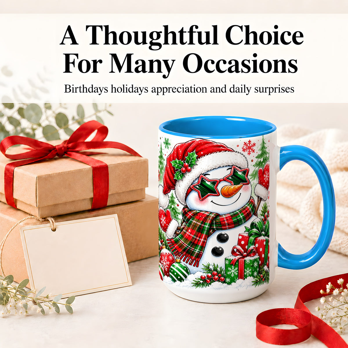 #pl[15oz|Blue] Festive Snowman Christmas Accent Mug, Ceramic Mug