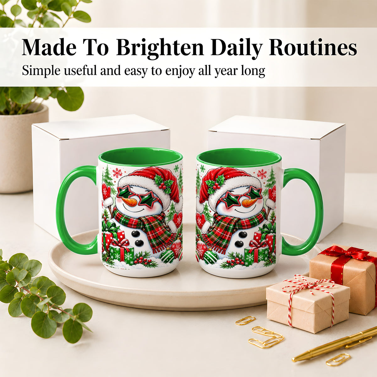 #pl[15oz|Green] Festive Snowman Christmas Accent Mug, Ceramic Mug