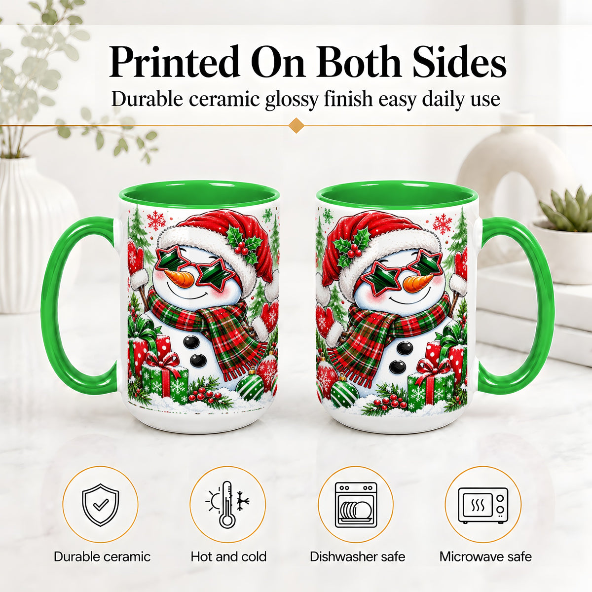 #pl[15oz|Green] Festive Snowman Christmas Accent Mug, Ceramic Mug