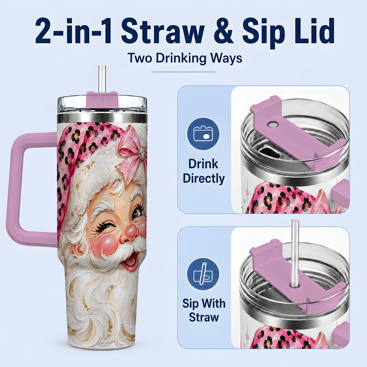 #pl[40oz|Pink] Pink Santa 40oz Tumbler, Leopard Hat Christmas Holiday Drinkware Art