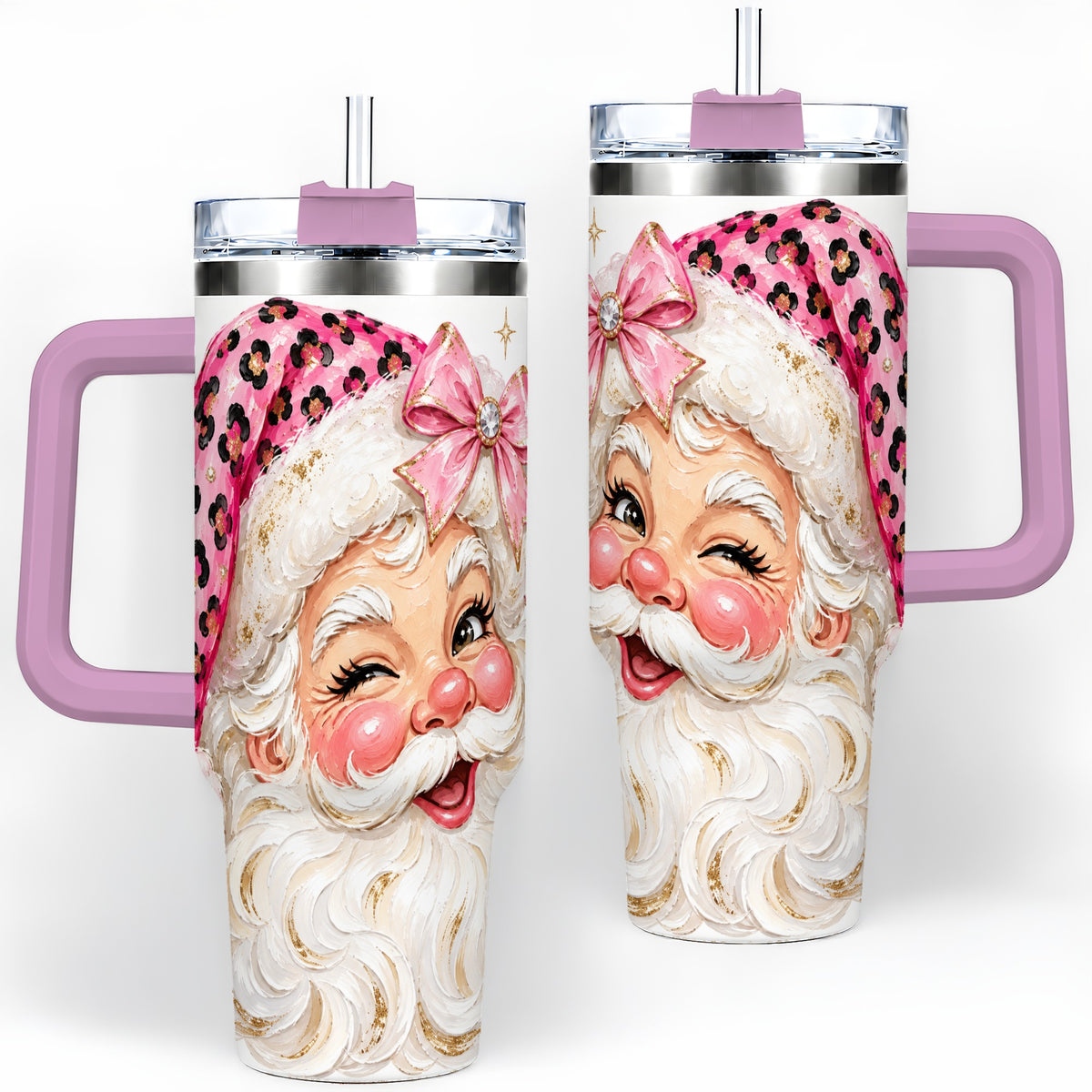 #pl[40oz|Pink] Pink Santa 40oz Tumbler, Leopard Hat Christmas Holiday Drinkware Art