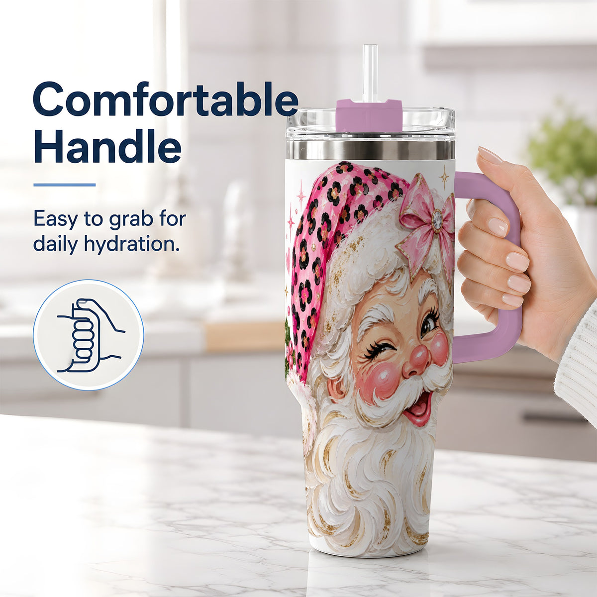 #pl[40oz|Pink] Pink Santa 40oz Tumbler, Leopard Hat Christmas Holiday Drinkware Art