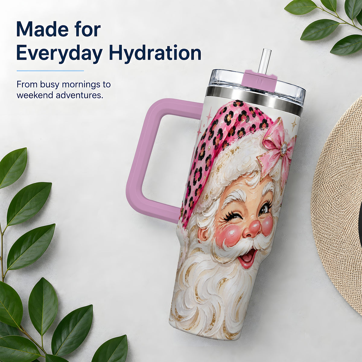 #pl[40oz|Pink] Pink Santa 40oz Tumbler, Leopard Hat Christmas Holiday Drinkware Art