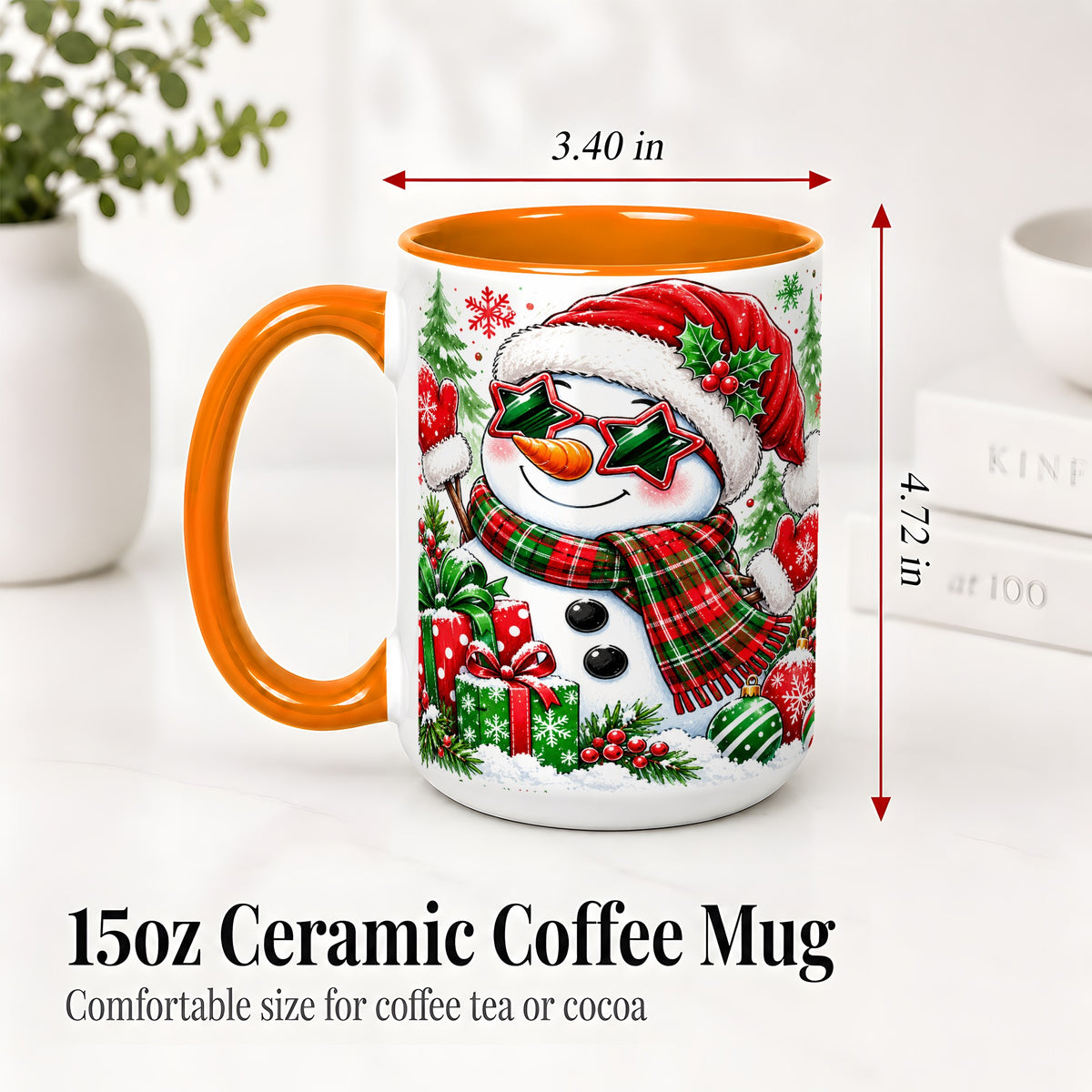 #pl[15oz|Orange] Festive Snowman Christmas Accent Mug, Ceramic Mug