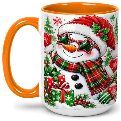 #pl[15oz|Orange] Festive Snowman Christmas Accent Mug, Ceramic Mug