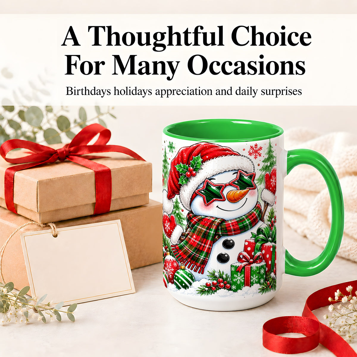 #pl[15oz|Green] Festive Snowman Christmas Accent Mug, Ceramic Mug