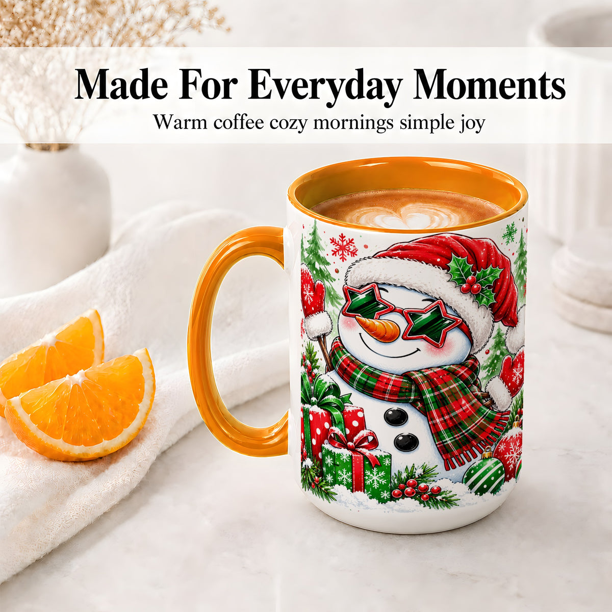 #pl[15oz|Orange] Festive Snowman Christmas Accent Mug, Ceramic Mug