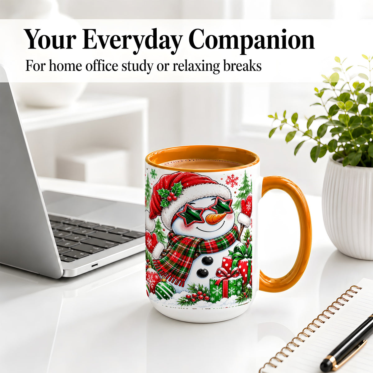 #pl[15oz|Orange] Festive Snowman Christmas Accent Mug, Ceramic Mug