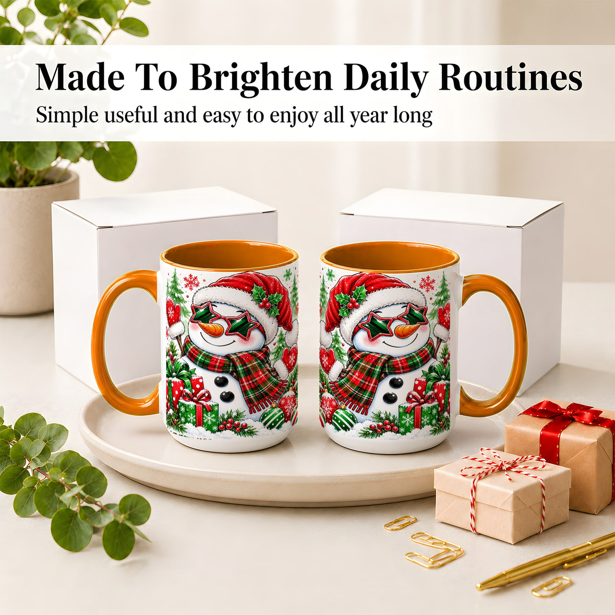 #pl[15oz|Orange] Festive Snowman Christmas Accent Mug, Ceramic Mug