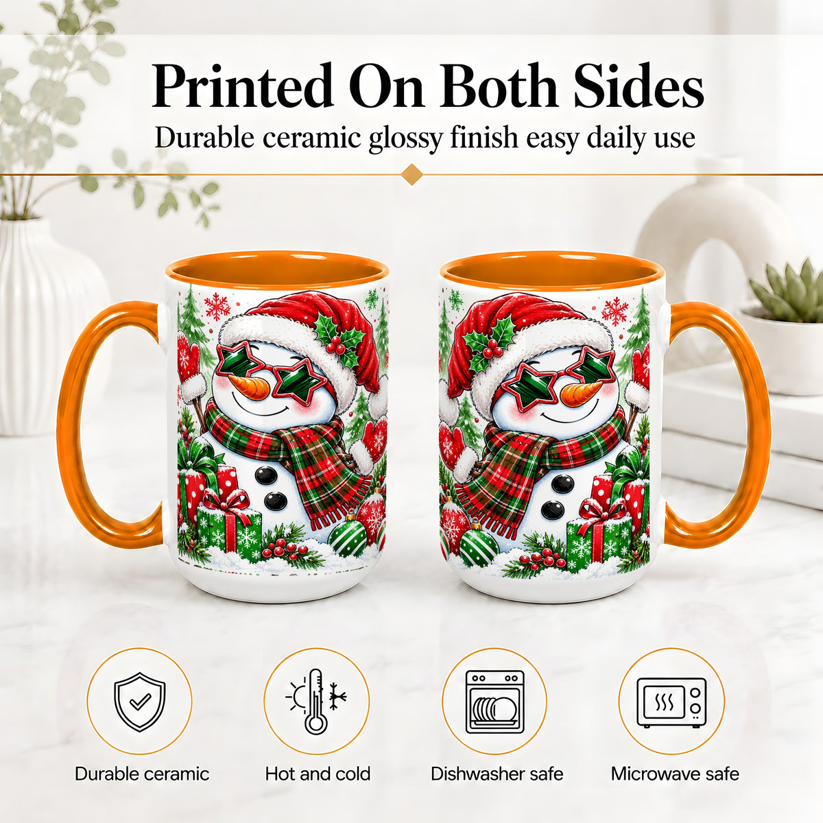 #pl[15oz|Orange] Festive Snowman Christmas Accent Mug, Ceramic Mug