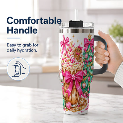 #pl[40oz|Black] Pink Christmas Coffee 40oz Tumbler, Tree Gingerbread Holiday Artwork