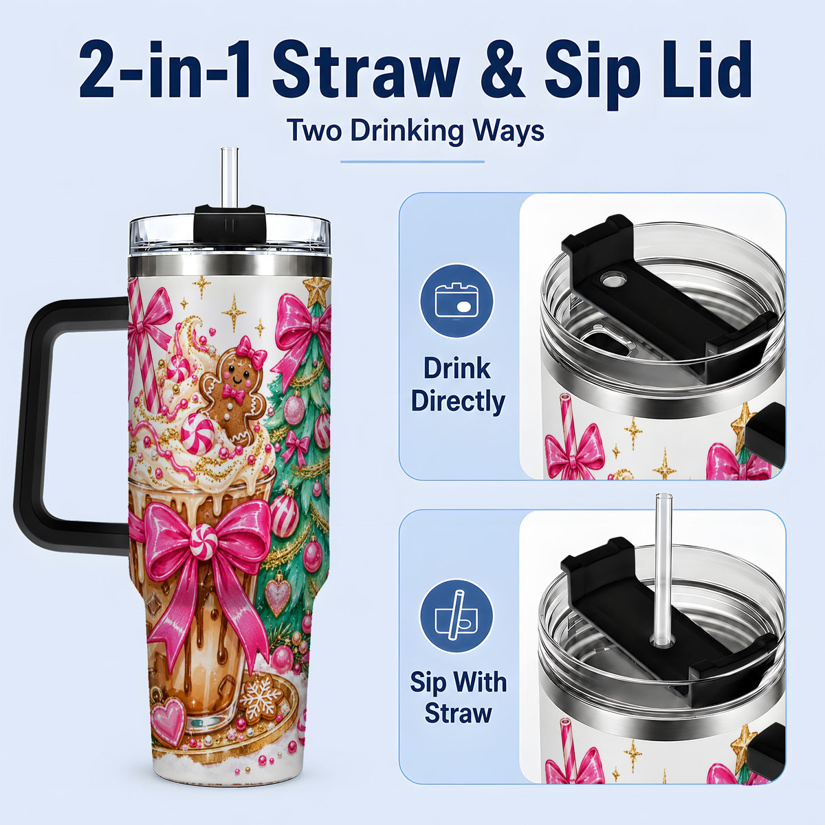 #pl[40oz|Black] Pink Christmas Coffee 40oz Tumbler, Tree Gingerbread Holiday Artwork