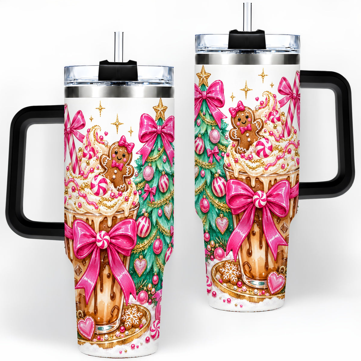 #pl[40oz|Black] Pink Christmas Coffee 40oz Tumbler, Tree Gingerbread Holiday Artwork