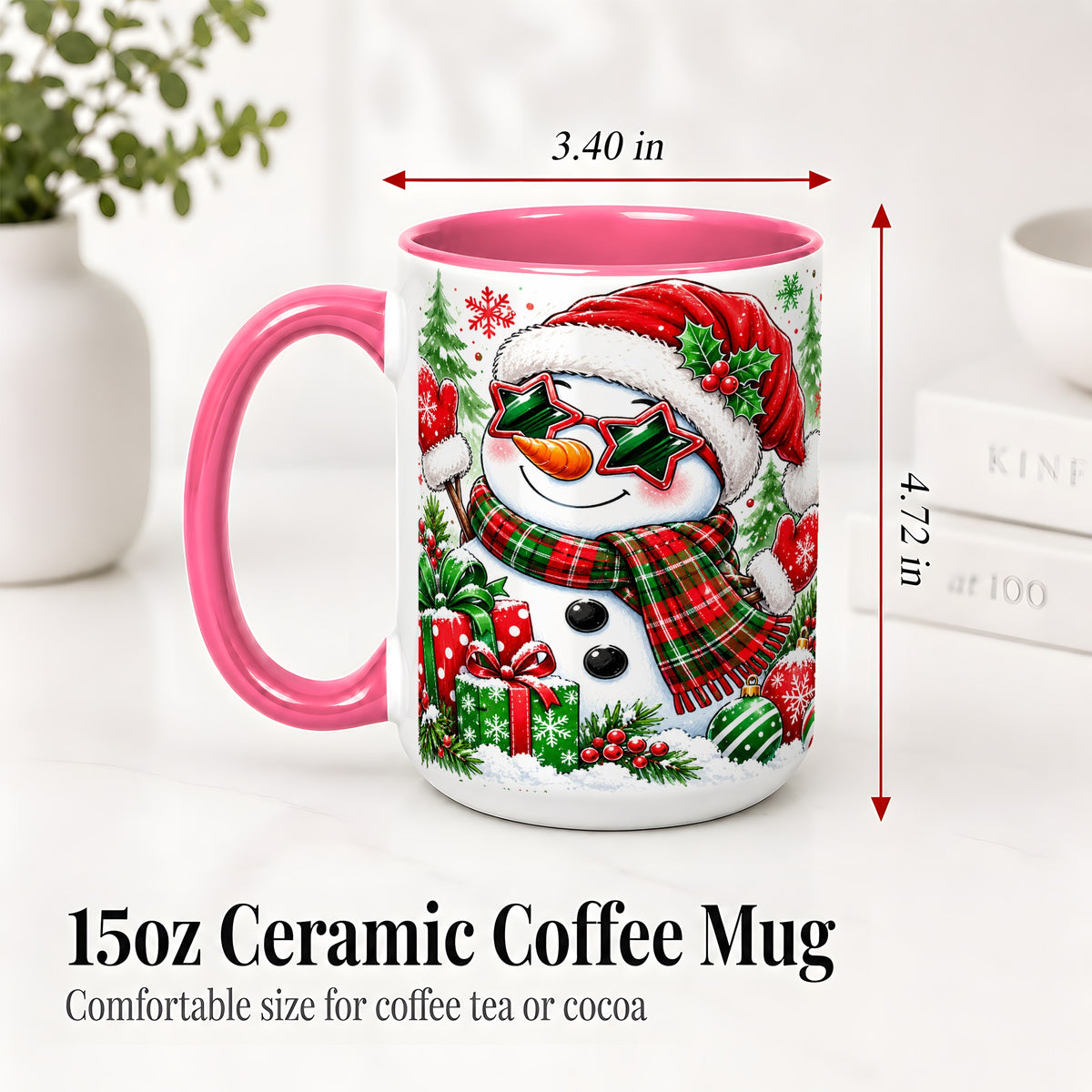 #pl[15oz|Pink] Festive Snowman Christmas Accent Mug, Ceramic Mug