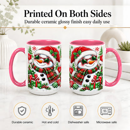 #pl[15oz|Pink] Festive Snowman Christmas Accent Mug, Ceramic Mug