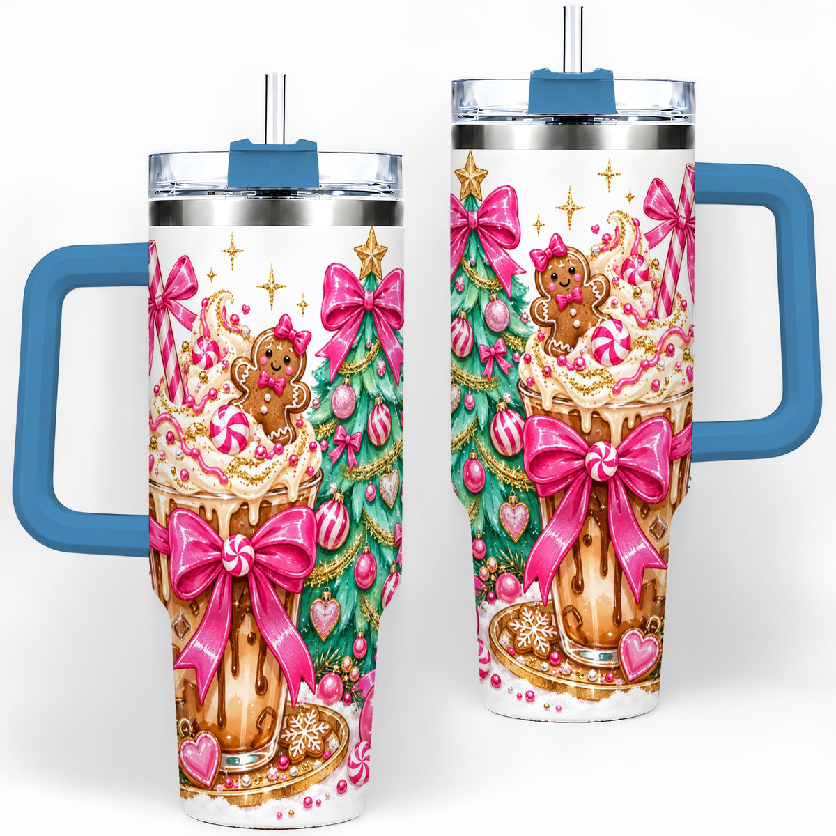 #pl[40oz|Blue] Pink Christmas Coffee 40oz Tumbler, Tree Gingerbread Holiday Artwork