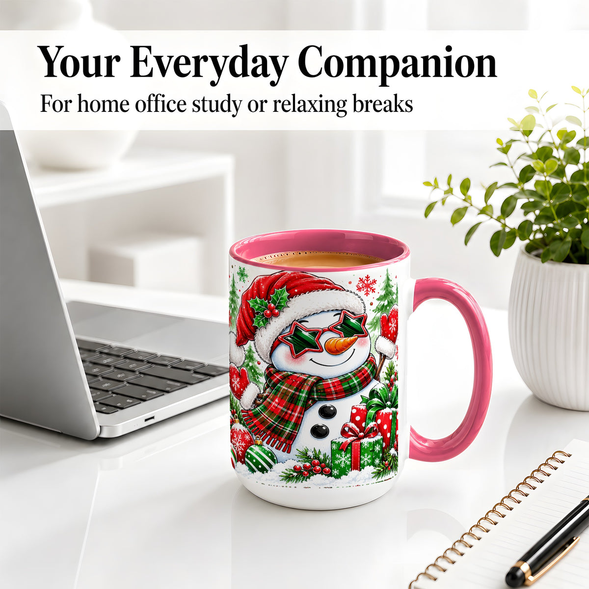 #pl[15oz|Pink] Festive Snowman Christmas Accent Mug, Ceramic Mug
