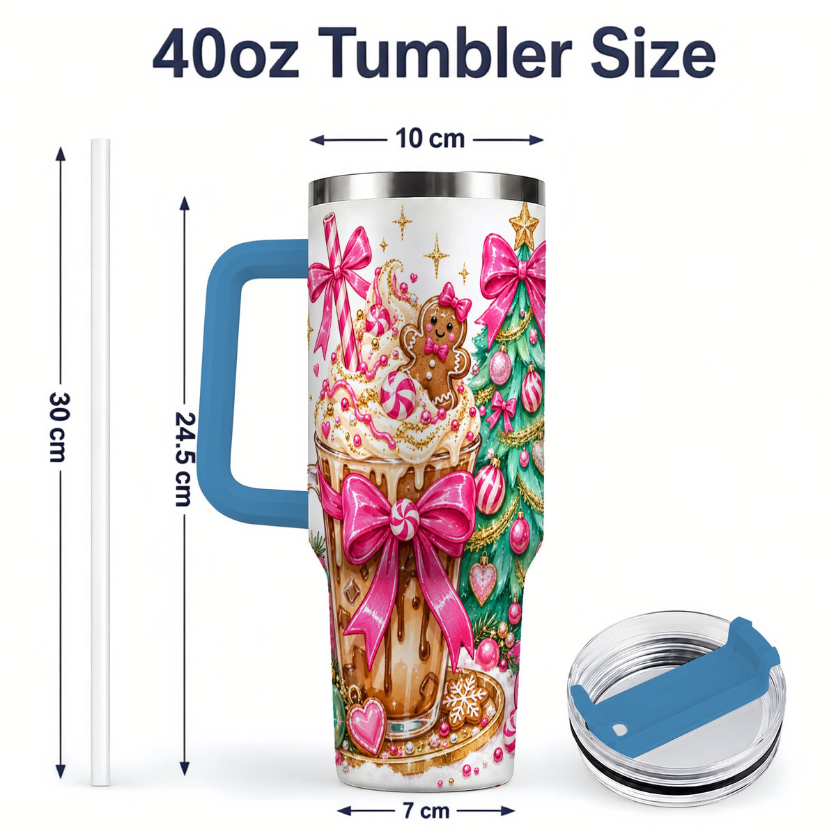 #pl[40oz|Blue] Pink Christmas Coffee 40oz Tumbler, Tree Gingerbread Holiday Artwork
