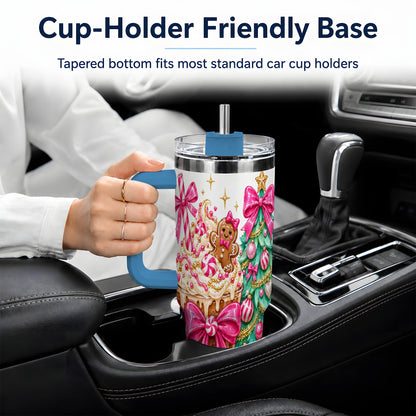 #pl[40oz|Blue] Pink Christmas Coffee 40oz Tumbler, Tree Gingerbread Holiday Artwork