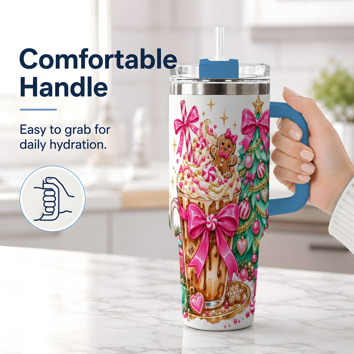 #pl[40oz|Blue] Pink Christmas Coffee 40oz Tumbler, Tree Gingerbread Holiday Artwork