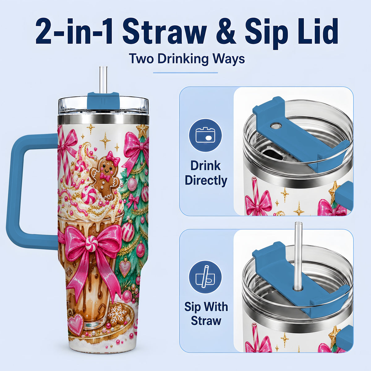 #pl[40oz|Blue] Pink Christmas Coffee 40oz Tumbler, Tree Gingerbread Holiday Artwork