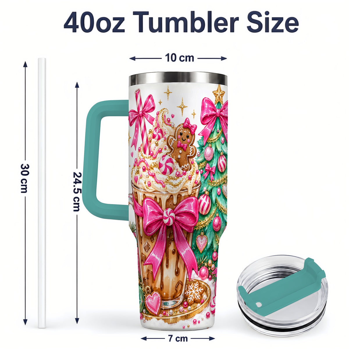 #pl[40oz|Green] Pink Christmas Coffee 40oz Tumbler, Tree Gingerbread Holiday Artwork