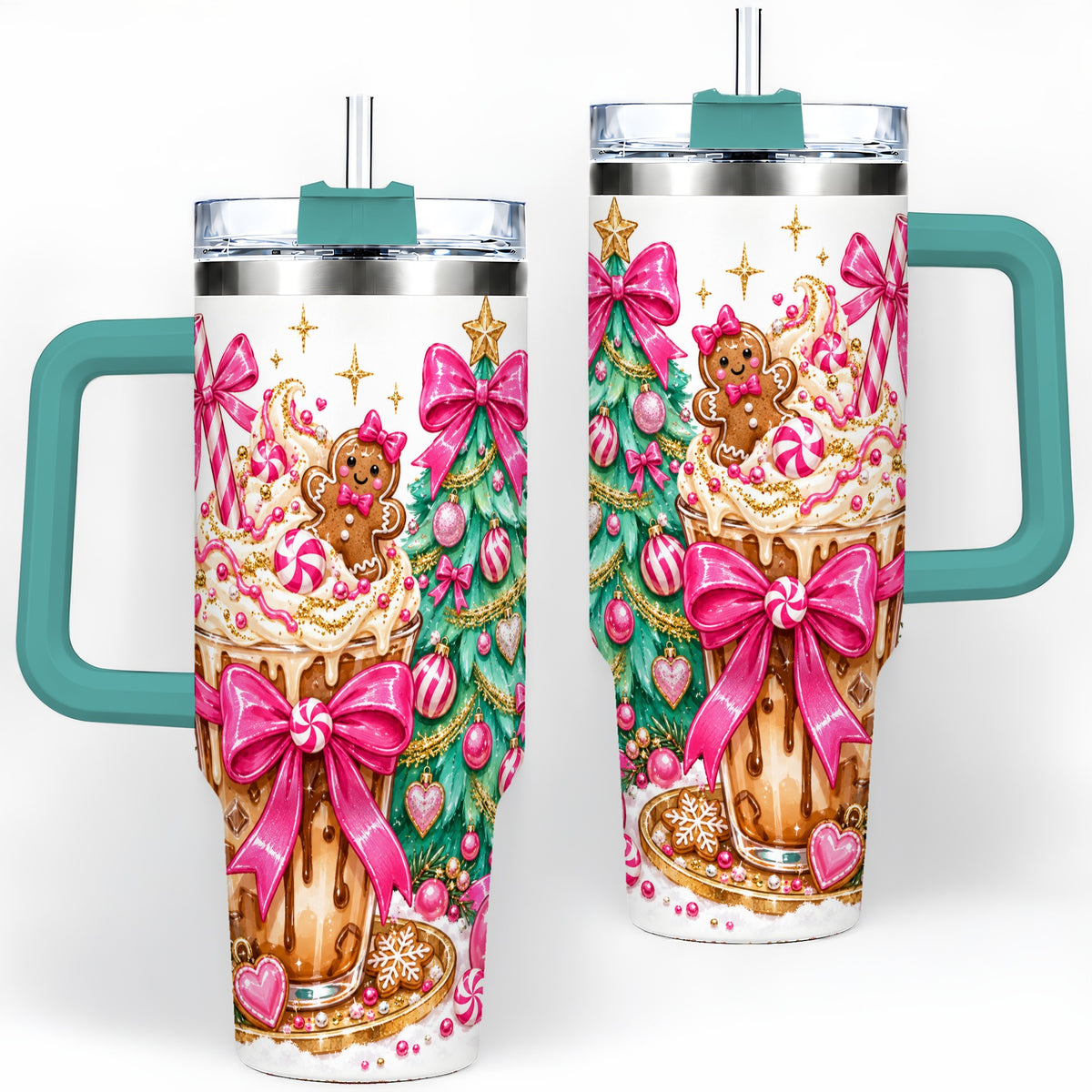 #pl[40oz|Green] Pink Christmas Coffee 40oz Tumbler, Tree Gingerbread Holiday Artwork