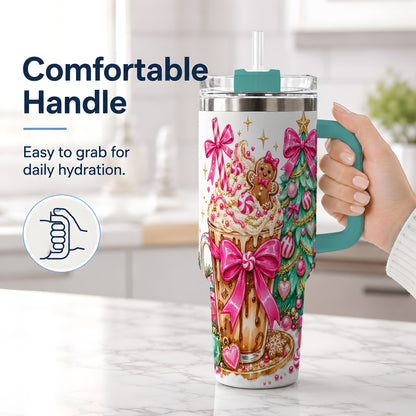 #pl[40oz|Green] Pink Christmas Coffee 40oz Tumbler, Tree Gingerbread Holiday Artwork