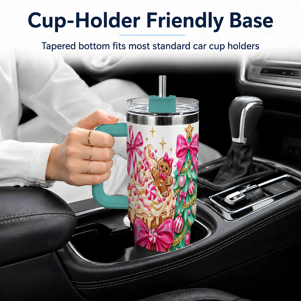 #pl[40oz|Green] Pink Christmas Coffee 40oz Tumbler, Tree Gingerbread Holiday Artwork