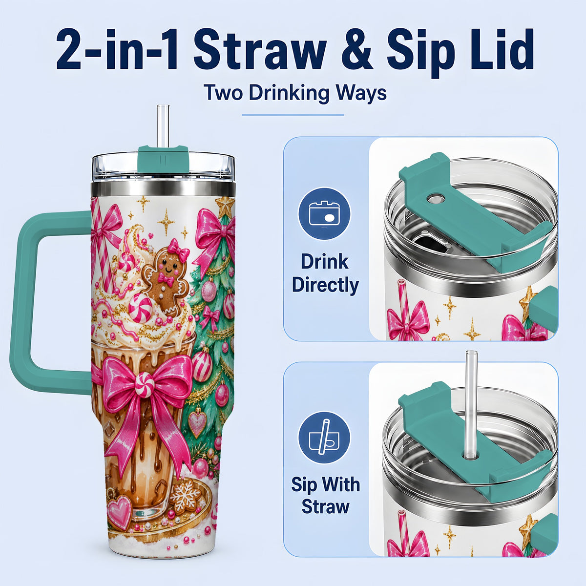 #pl[40oz|Green] Pink Christmas Coffee 40oz Tumbler, Tree Gingerbread Holiday Artwork