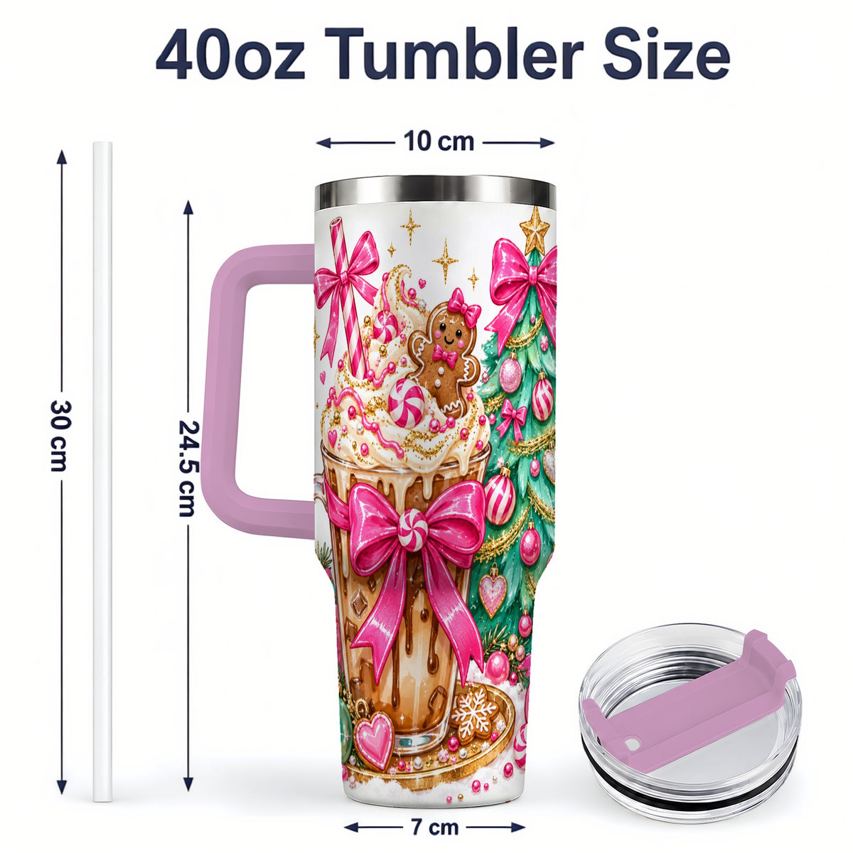 #pl[40oz|Pink] Pink Christmas Coffee 40oz Tumbler, Tree Gingerbread Holiday Artwork