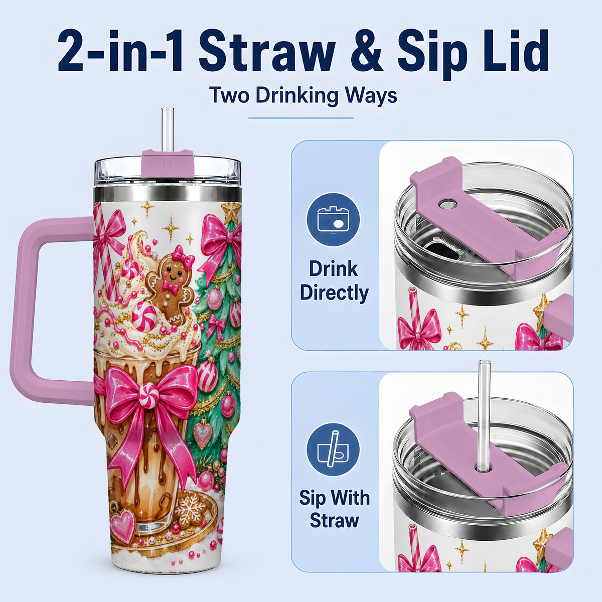 #pl[40oz|Pink] Pink Christmas Coffee 40oz Tumbler, Tree Gingerbread Holiday Artwork