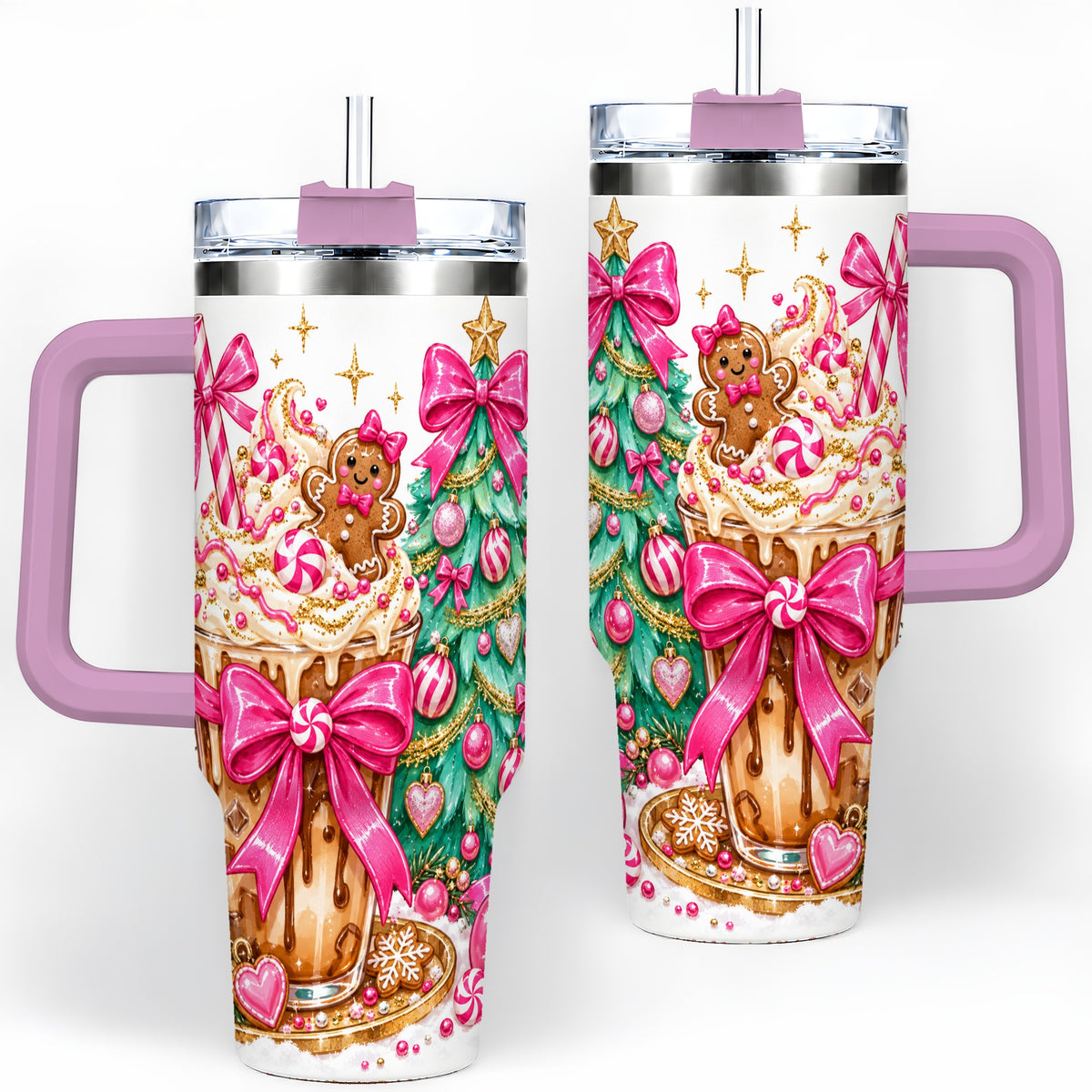 #pl[40oz|Pink] Pink Christmas Coffee 40oz Tumbler, Tree Gingerbread Holiday Artwork
