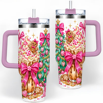 #pl[40oz|Pink] Pink Christmas Coffee 40oz Tumbler, Tree Gingerbread Holiday Artwork