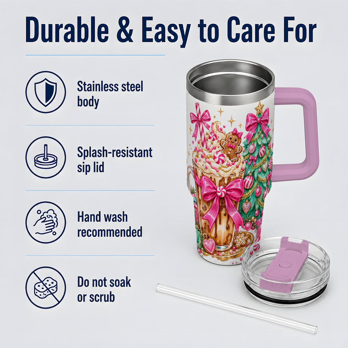 #pl[40oz|Pink] Pink Christmas Coffee 40oz Tumbler, Tree Gingerbread Holiday Artwork