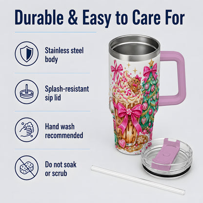 #pl[40oz|Pink] Pink Christmas Coffee 40oz Tumbler, Tree Gingerbread Holiday Artwork