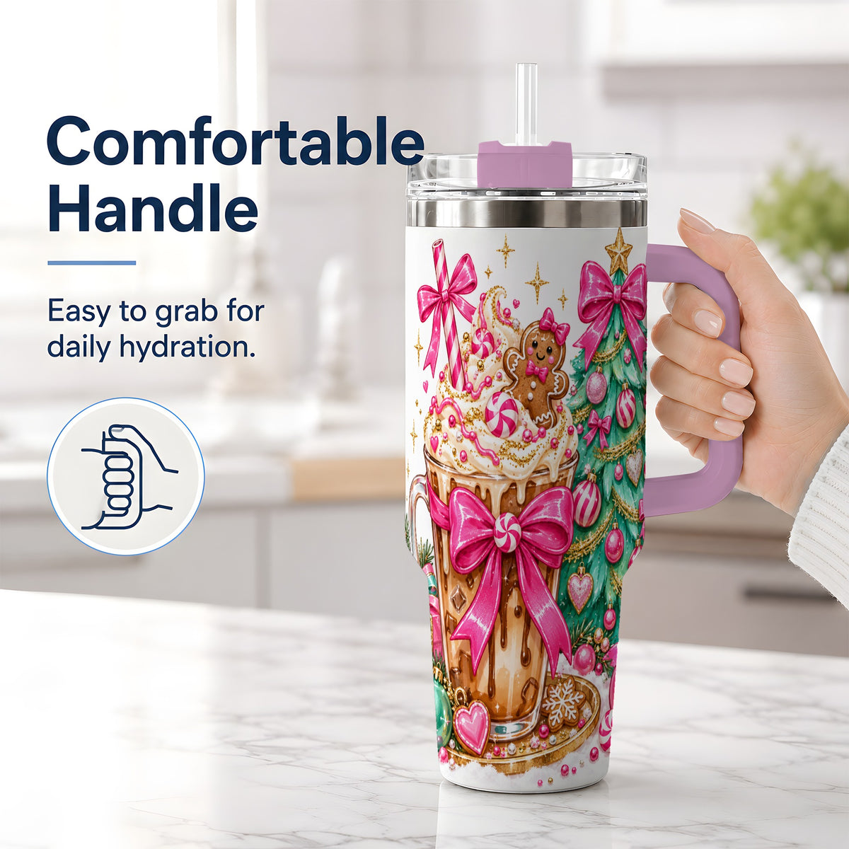 #pl[40oz|Pink] Pink Christmas Coffee 40oz Tumbler, Tree Gingerbread Holiday Artwork