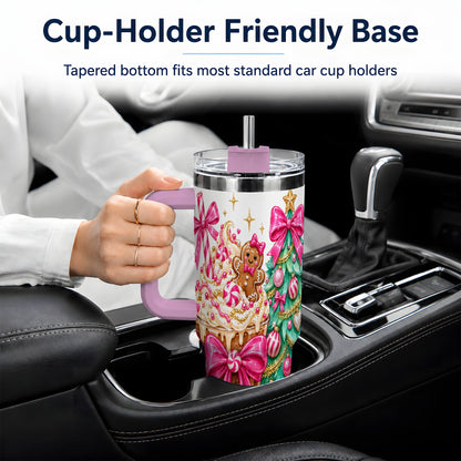 #pl[40oz|Pink] Pink Christmas Coffee 40oz Tumbler, Tree Gingerbread Holiday Artwork