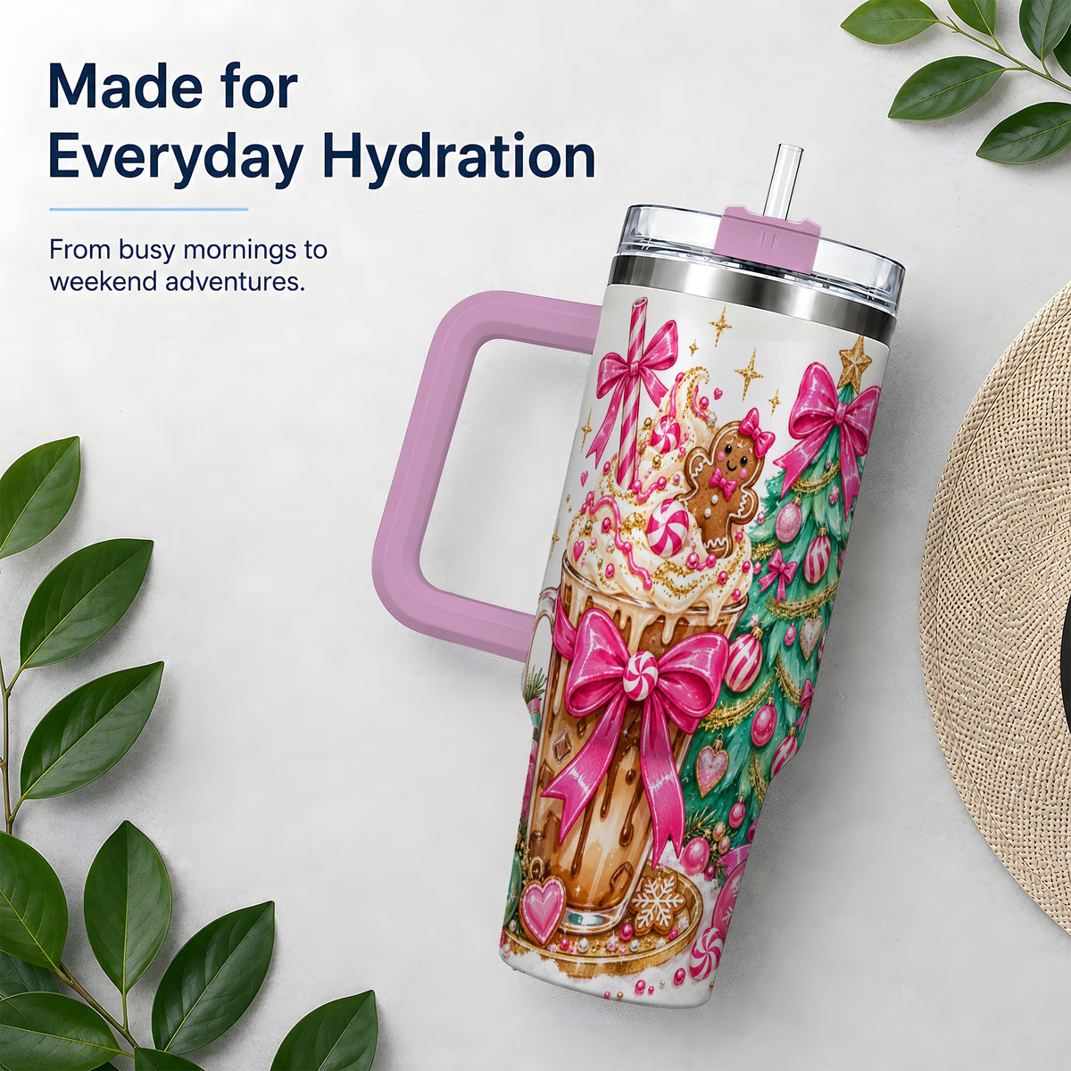 #pl[40oz|Pink] Pink Christmas Coffee 40oz Tumbler, Tree Gingerbread Holiday Artwork