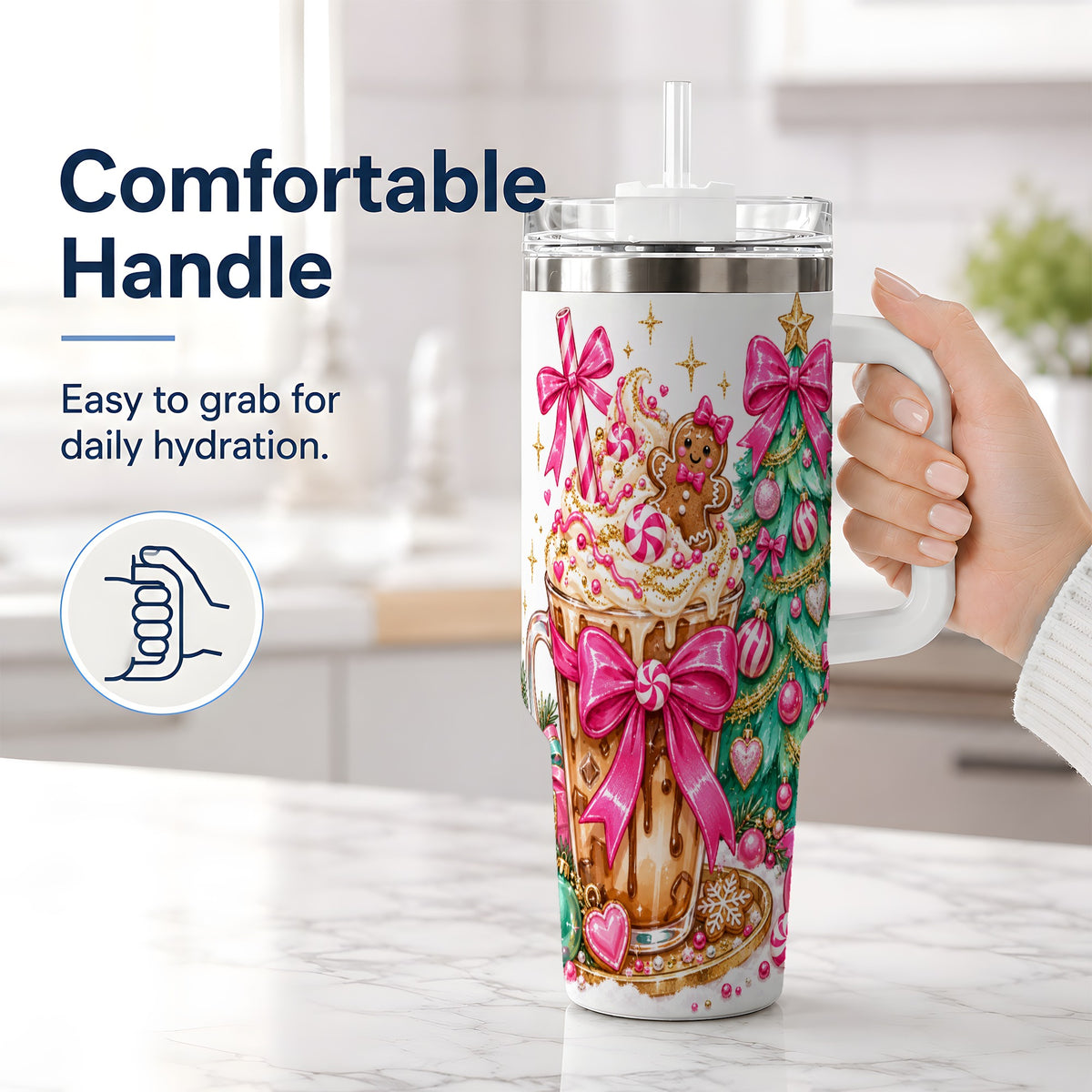#pl[40oz|White] Pink Christmas Coffee 40oz Tumbler, Tree Gingerbread Holiday Artwork