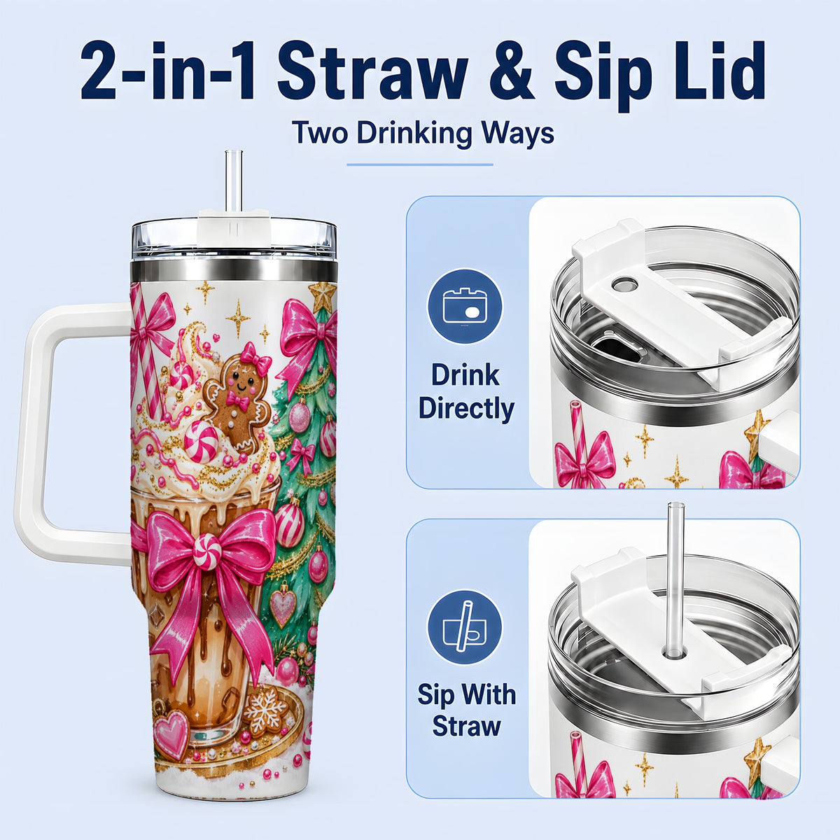 #pl[40oz|White] Pink Christmas Coffee 40oz Tumbler, Tree Gingerbread Holiday Artwork
