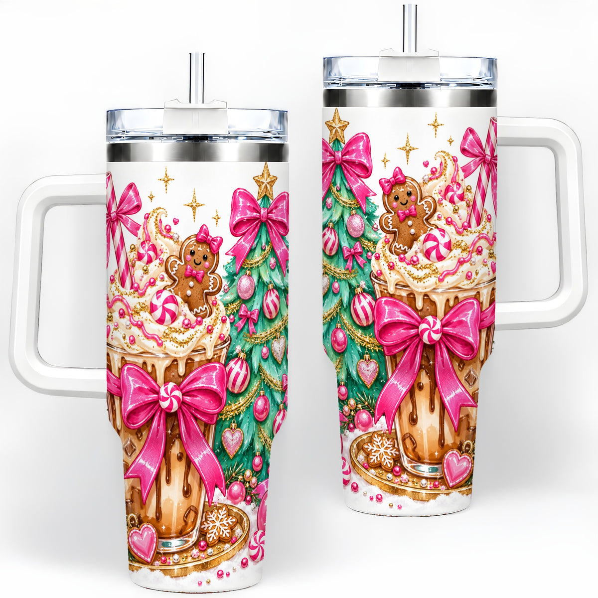 Pink Christmas Coffee 40oz Tumbler, Tree Gingerbread Holiday Artwork