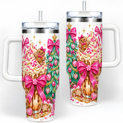 Pink Christmas Coffee 40oz Tumbler, Tree Gingerbread Holiday Artwork