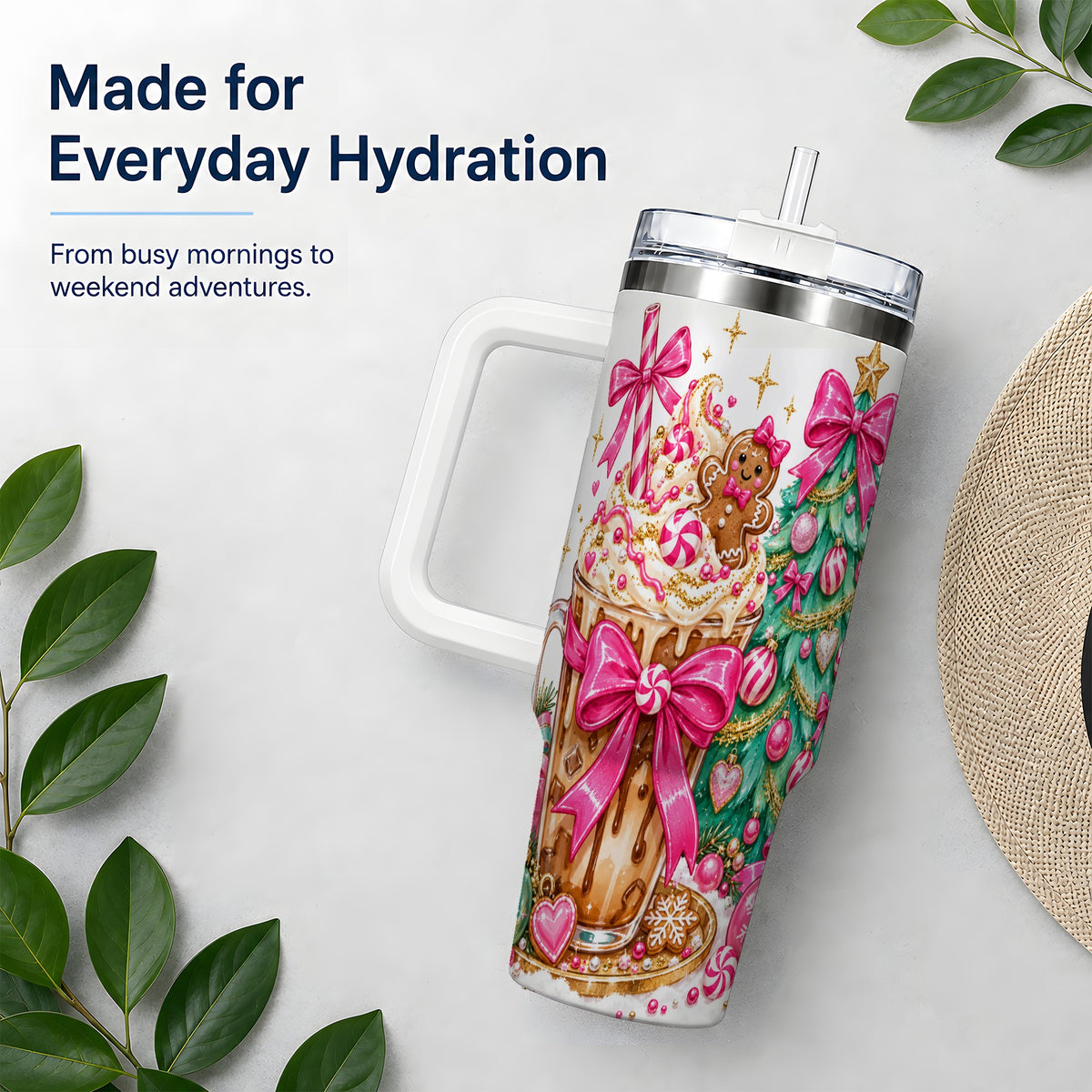 #pl[40oz|White] Pink Christmas Coffee 40oz Tumbler, Tree Gingerbread Holiday Artwork