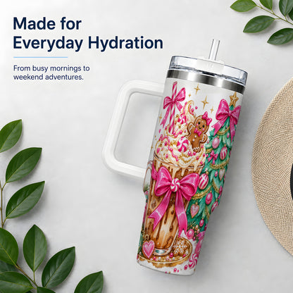 #pl[40oz|White] Pink Christmas Coffee 40oz Tumbler, Tree Gingerbread Holiday Artwork