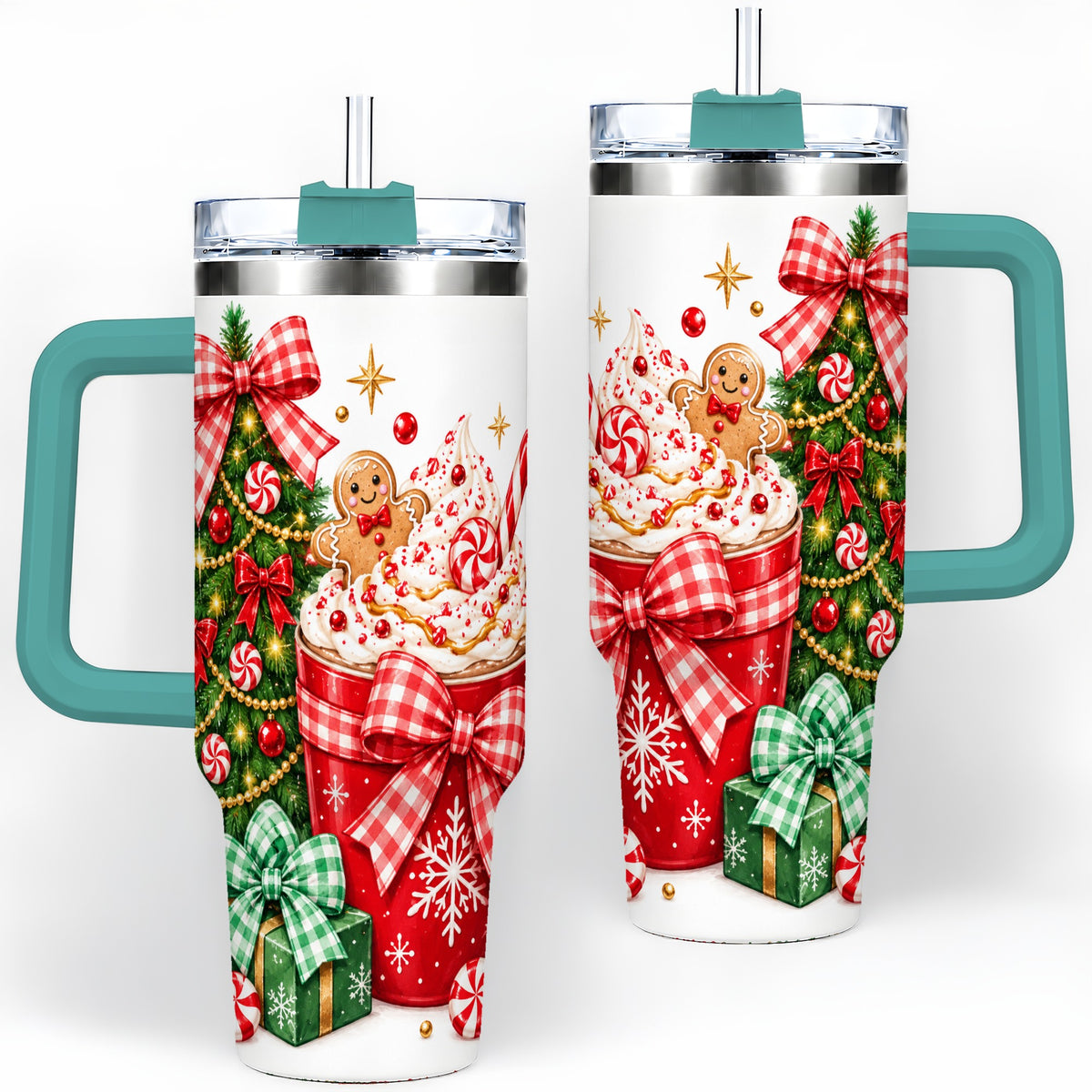 #pl[40oz|Green] Christmas Cocoa 40oz Tumbler, Red Bow Tree Holiday Drinkware Artwork