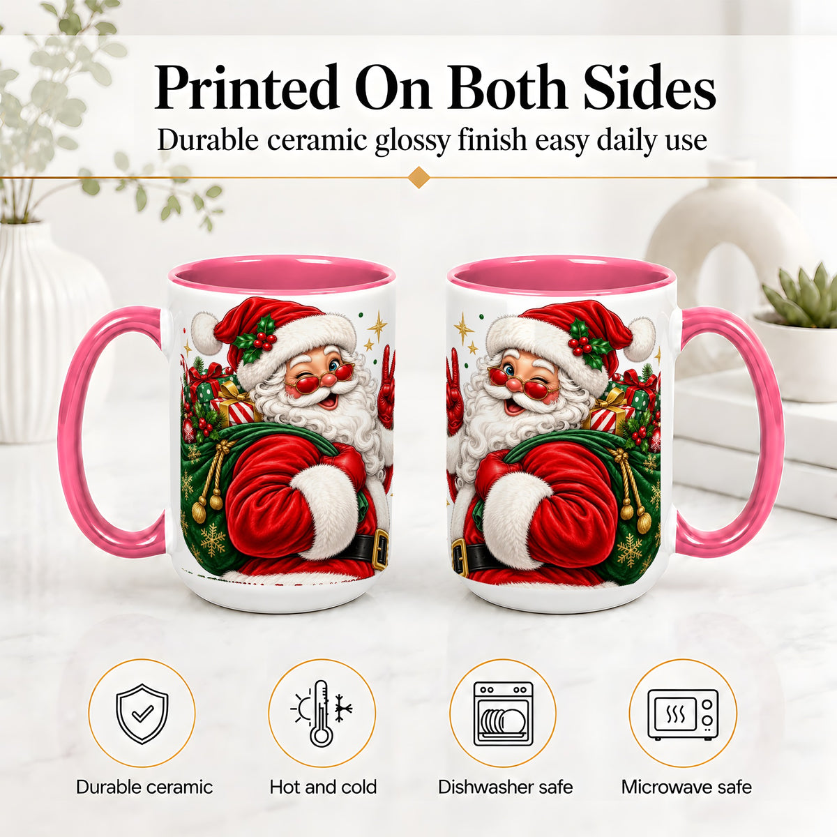 #pl[15oz|Pink] Santa Claus Christmas Accent Mug, Ceramic Mug