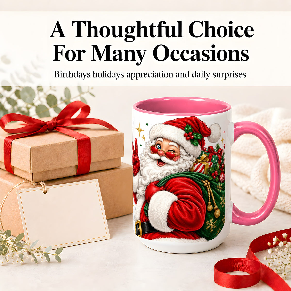 #pl[15oz|Pink] Santa Claus Christmas Accent Mug, Ceramic Mug